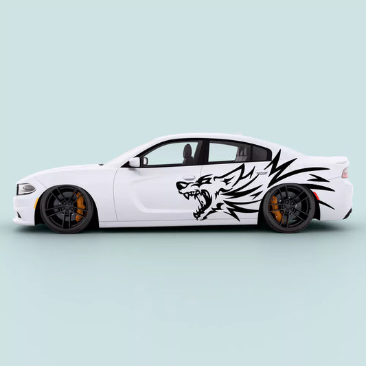 Black Dodge Charger 2011-2023 roaring wolf side door decal installed on side doors