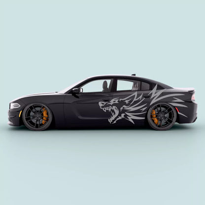 Gray Dodge Charger 2011-2023 roaring wolf side door decal installed on driver side door