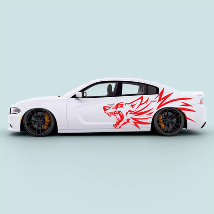 Red Dodge Charger 2011-2023 roaring wolf side door decal applied to side door panels