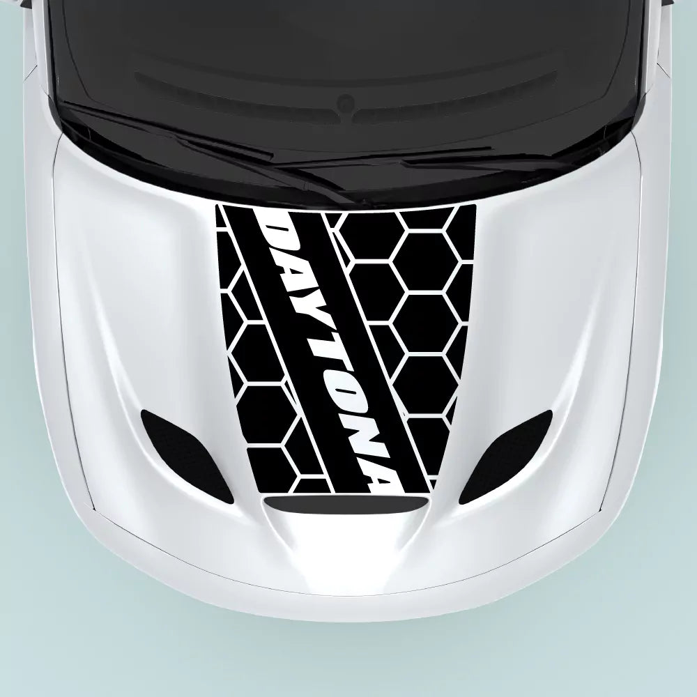 Black Dodge Charger Daytona honeycomb hood decal installed on hood center for 2015-2023 Charger