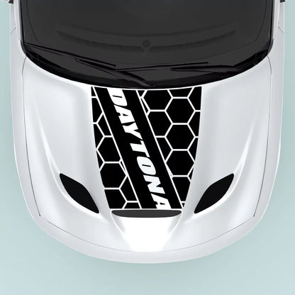 Black Dodge Charger Daytona honeycomb hood decal installed on hood center for 2015-2023 Charger