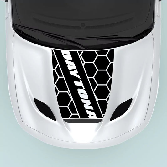 Black Dodge Charger Daytona honeycomb hood decal installed on hood center for 2015-2023 Charger