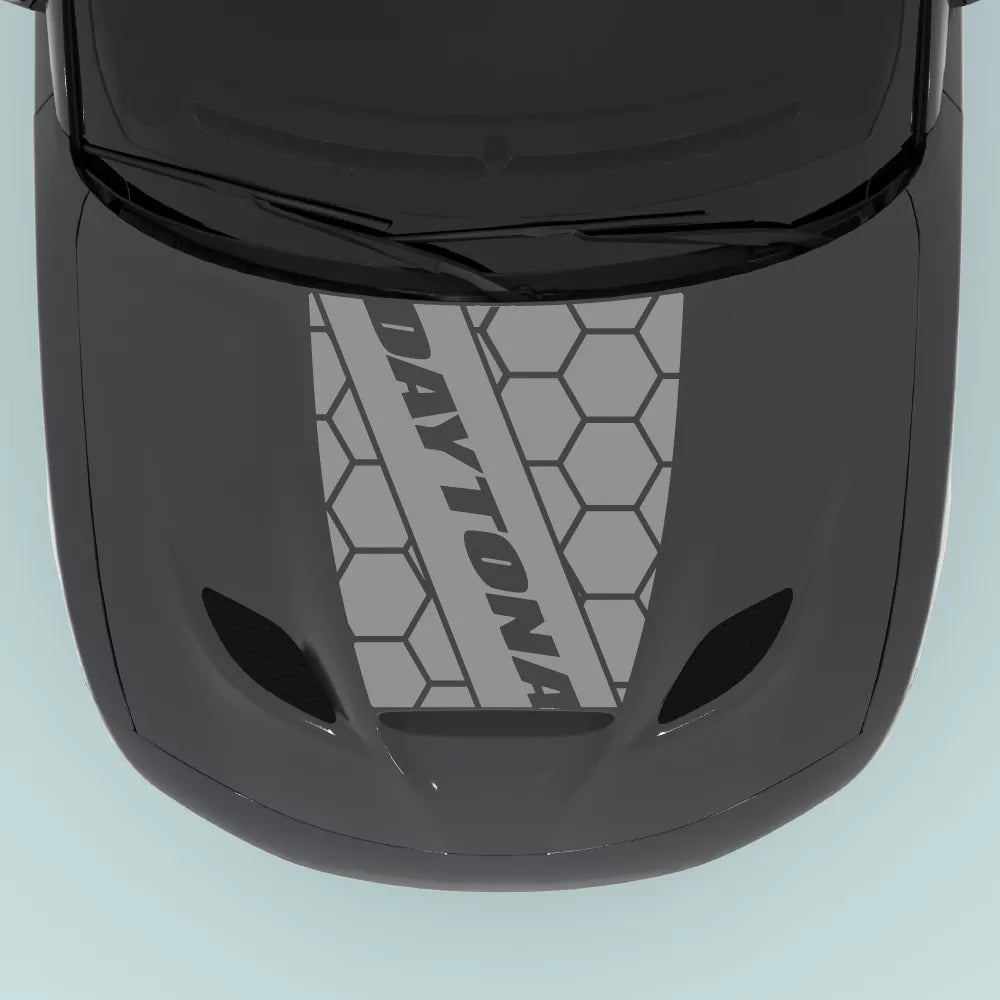 Gray Dodge Charger Daytona honeycomb hood decal installed on 2015-2023 Dodge Charger hood center