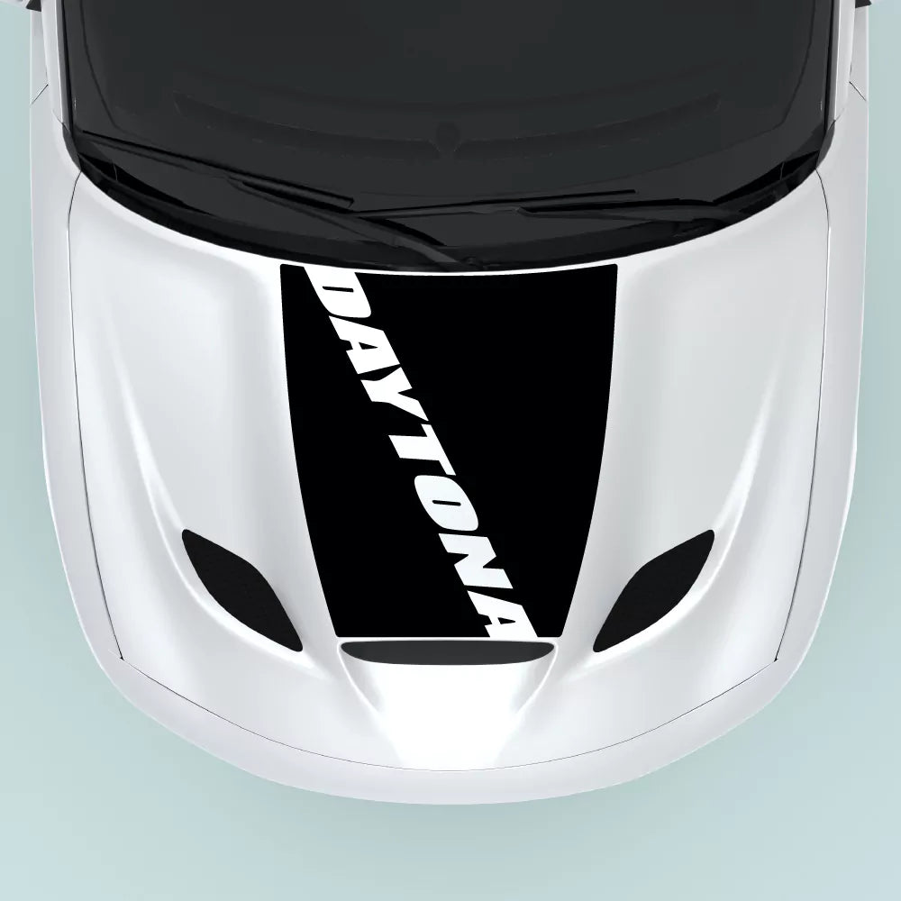Dodge Charger Daytona black hood decal 2015 2023 installed on hood center with Daytona text graphic