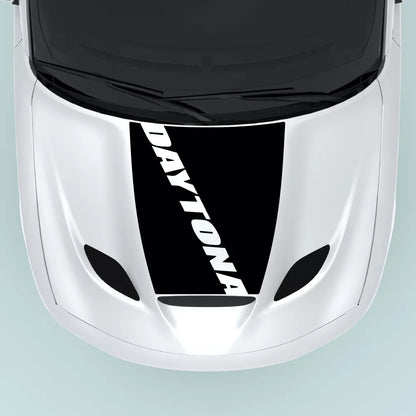 Dodge Charger Daytona black hood decal 2015 2023 installed on hood center with Daytona text graphic