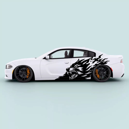 Black flaming wolf side door decal installed on 2011–2023 Dodge Charger