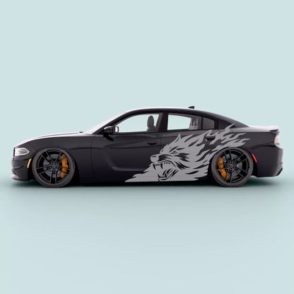 Gray flaming wolf side door vinyl decal on Dodge Charger 2011–2023