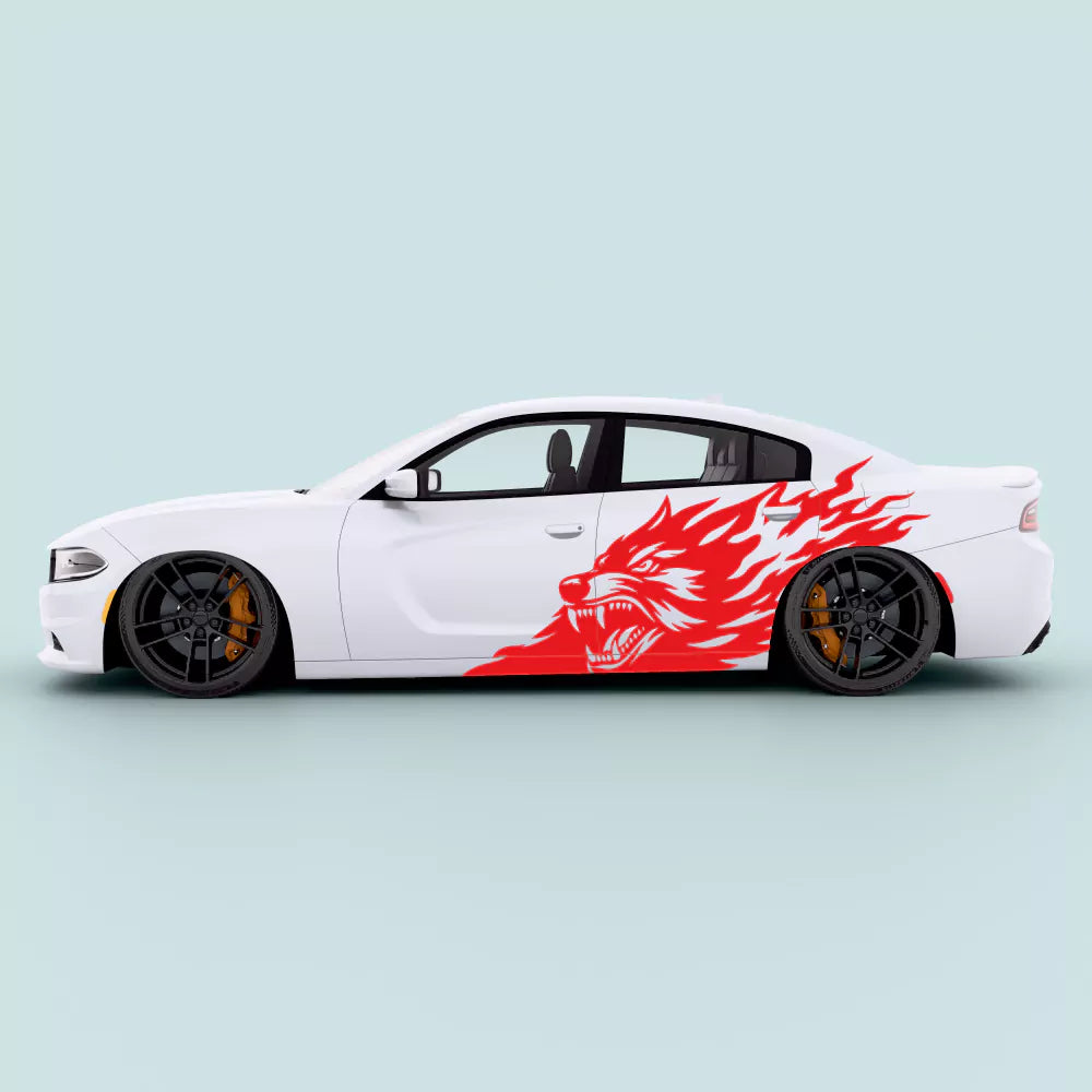 Red flaming wolf side door decal on Dodge Charger 2011–2023 side doors