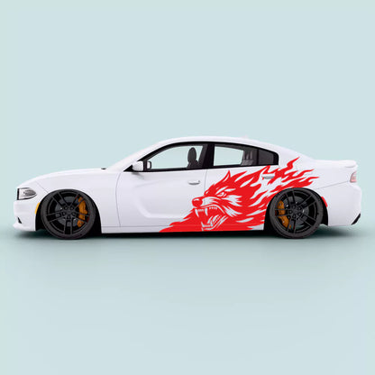 Red flaming wolf side door decal on Dodge Charger 2011–2023 side doors