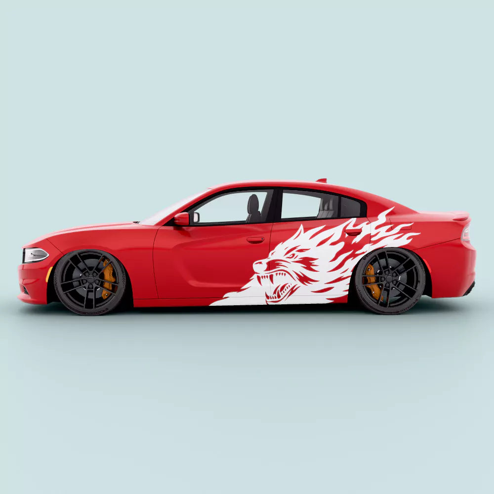White flaming wolf vinyl side door graphic for 2011–2023 Dodge Charger