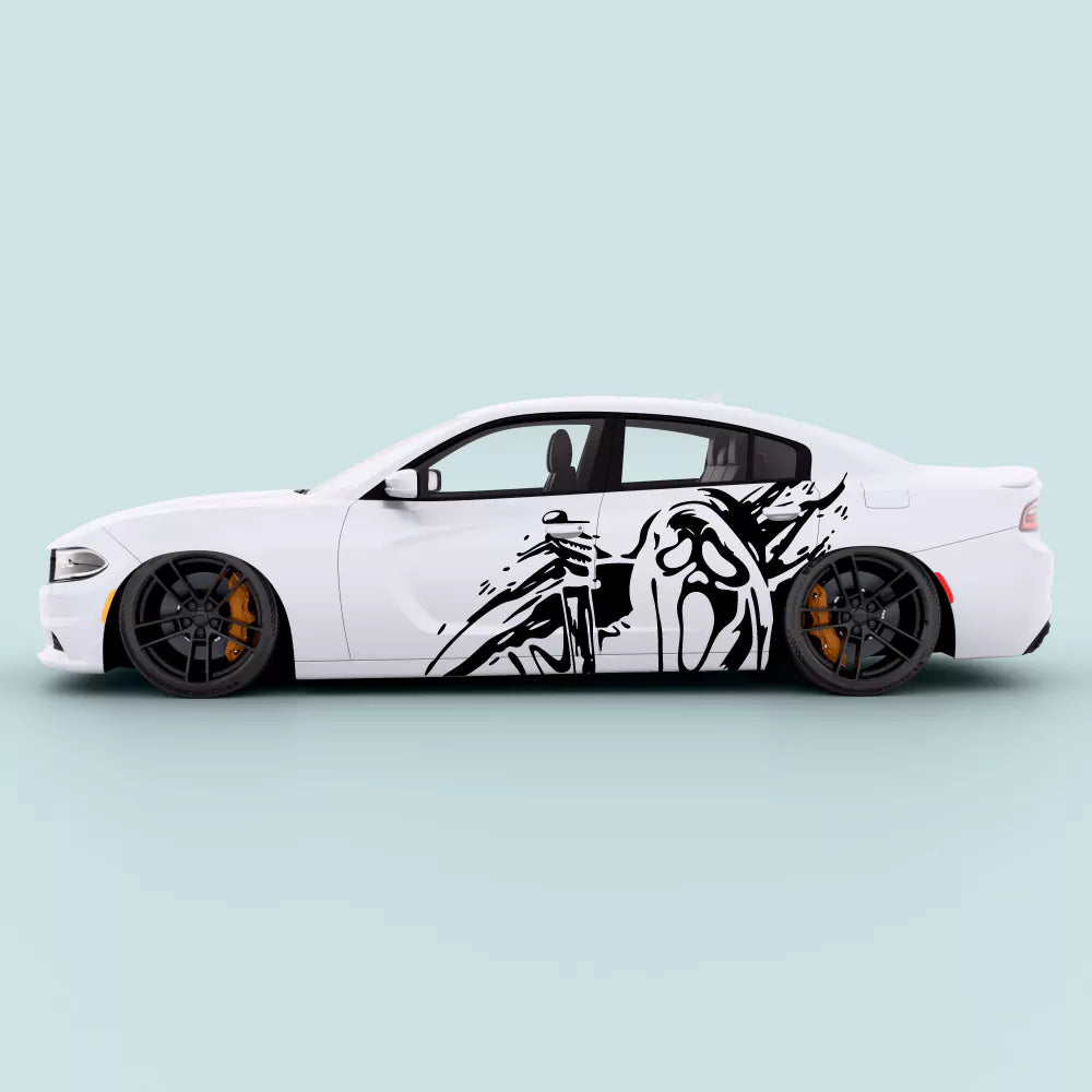 Black Dodge Charger Ghostface side decal knife horror mask vinyl graphic installed on side panel for 2011-2023 Charger