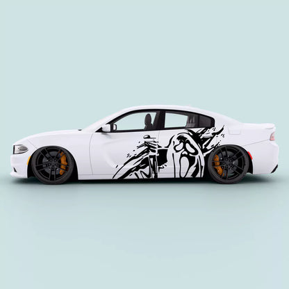 Black Dodge Charger Ghostface side decal knife horror mask vinyl graphic installed on side panel for 2011-2023 Charger