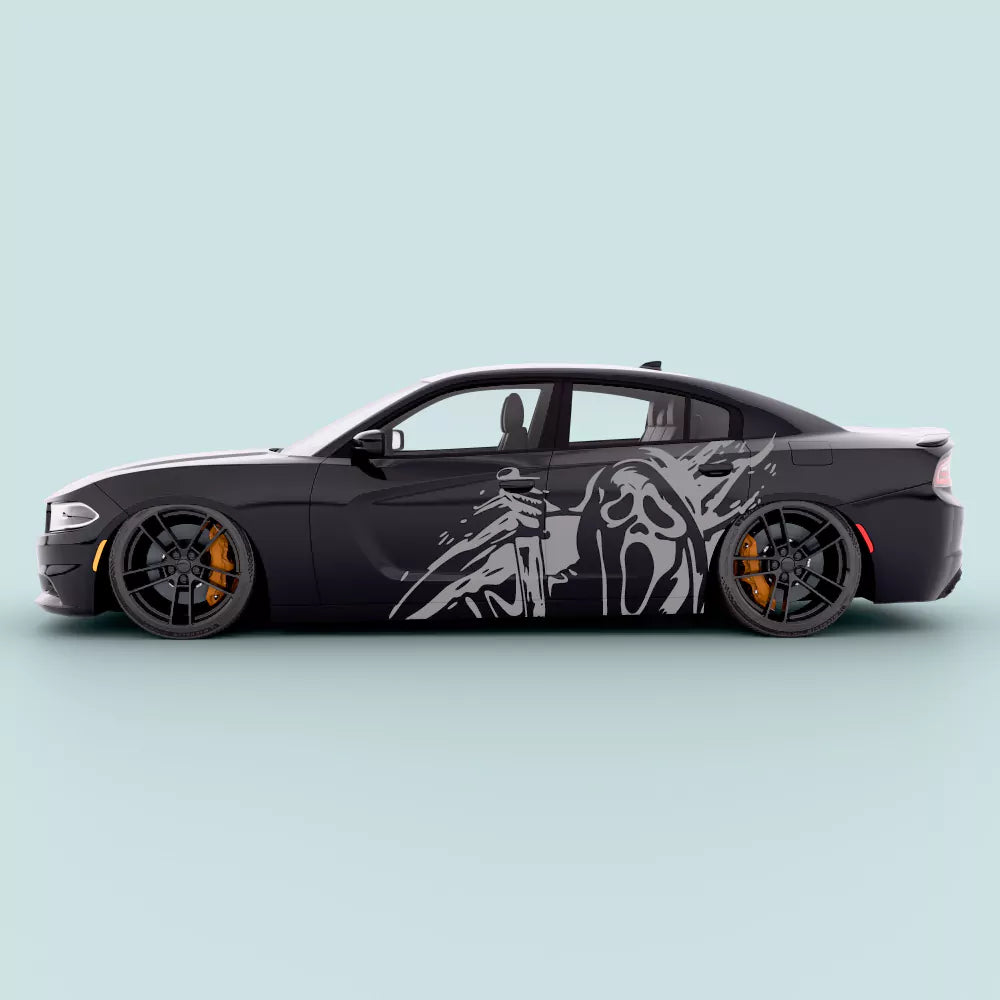 Gray Dodge Charger Ghostface knife side graphic vinyl decal installed along Charger side body panel 2011-2023