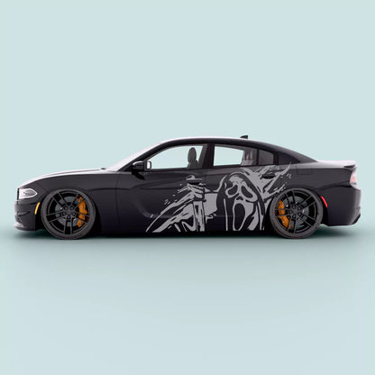 Gray Dodge Charger Ghostface knife side graphic vinyl decal installed along Charger side body panel 2011-2023
