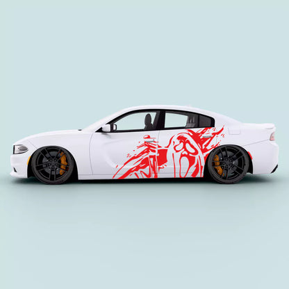 Red Dodge Charger Ghostface side decal knife horror mask vinyl graphic positioned on Charger side body panel 2011-2023