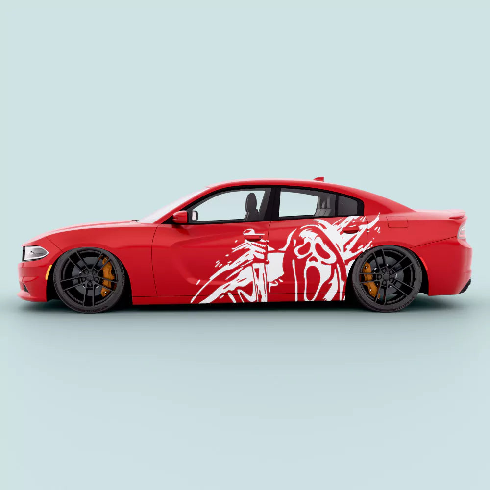 White Dodge Charger Ghostface side decal knife horror mask vehicle graphic applied on side panel of 2011-2023 Charger