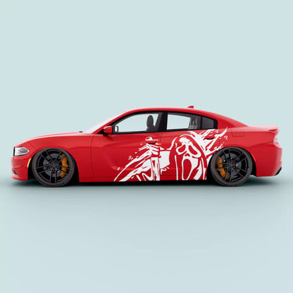 White Dodge Charger Ghostface side decal knife horror mask vehicle graphic applied on side panel of 2011-2023 Charger