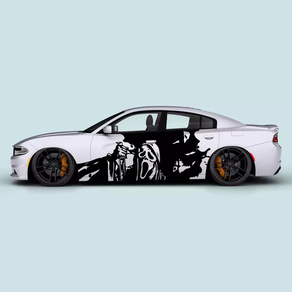 Black Ghostface splatter door decals on Dodge Charger 2011-2023 driver and passenger side doors