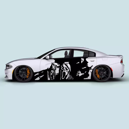Black Ghostface splatter door decals on Dodge Charger 2011-2023 driver and passenger side doors