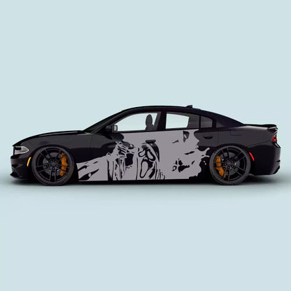 Gray Ghostface splatter door decals on Dodge Charger 2011-2023 driver and passenger side doors