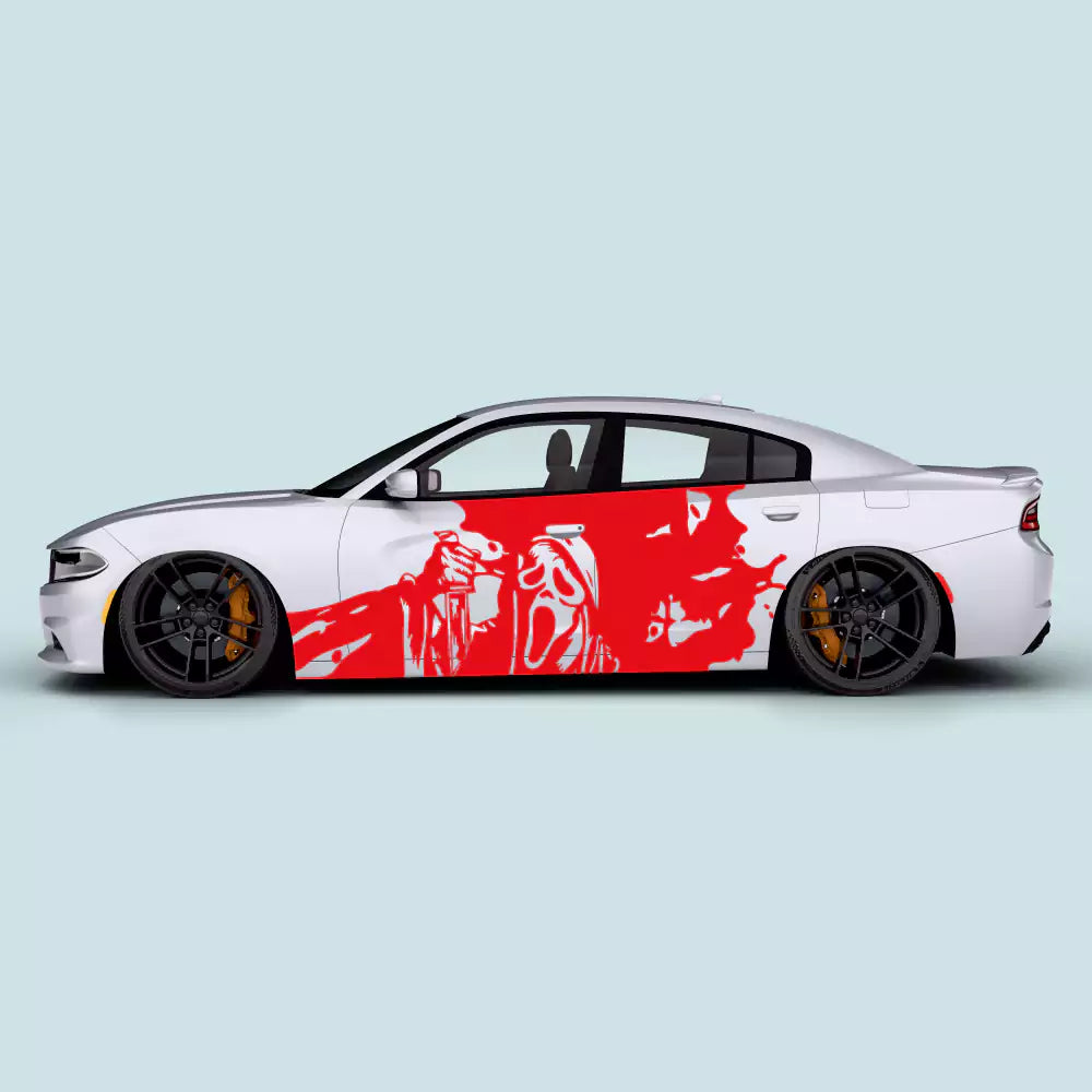 Red Ghostface splatter door decals on Dodge Charger 2011-2023 driver and passenger side doors
