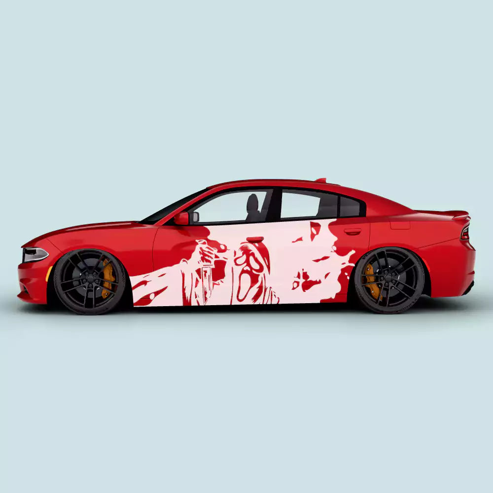 White Ghostface splatter door decals on Dodge Charger 2011-2023 driver and passenger side doors