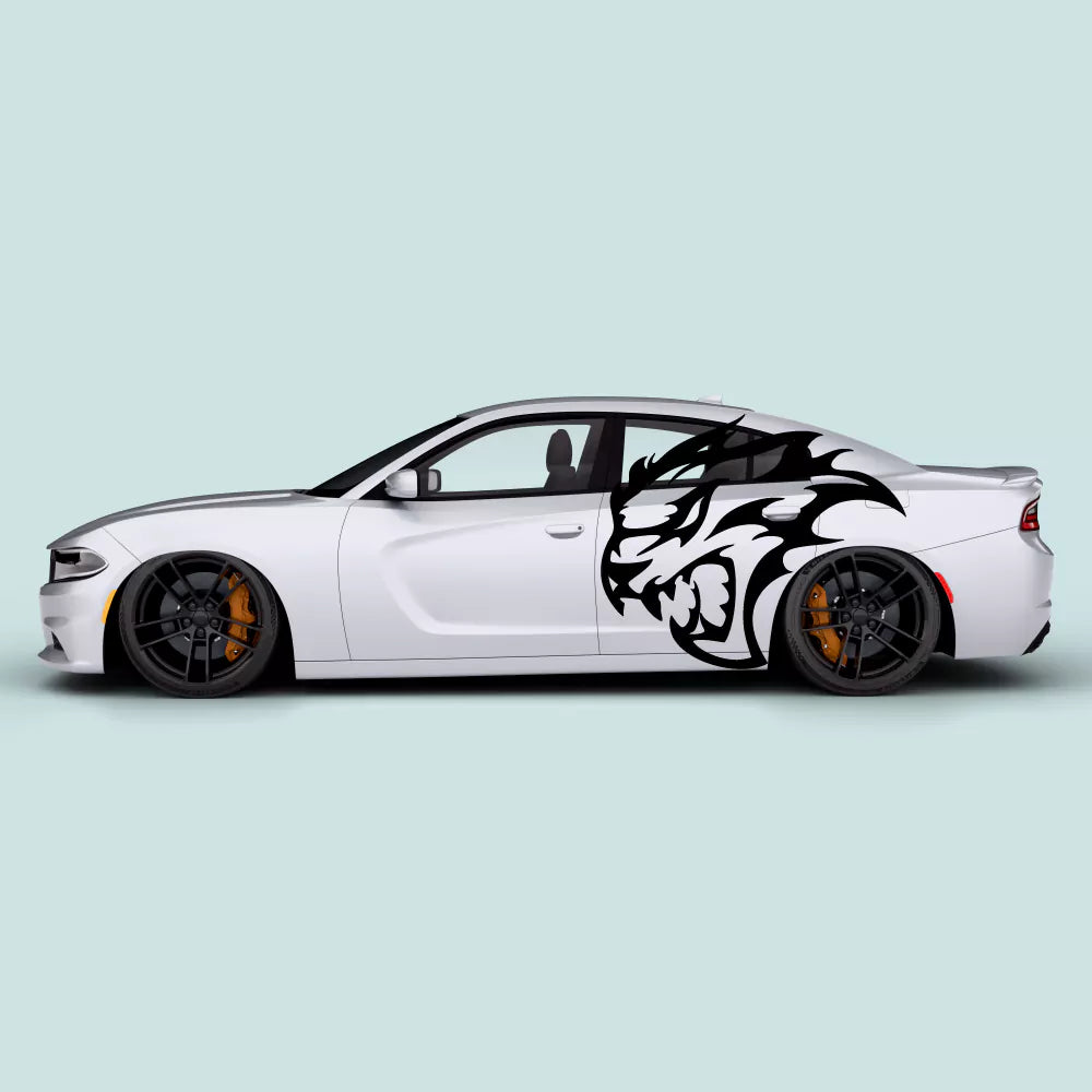 Black Hellcat style head side door decals on Dodge Charger 2011-2023 driver and passenger doors