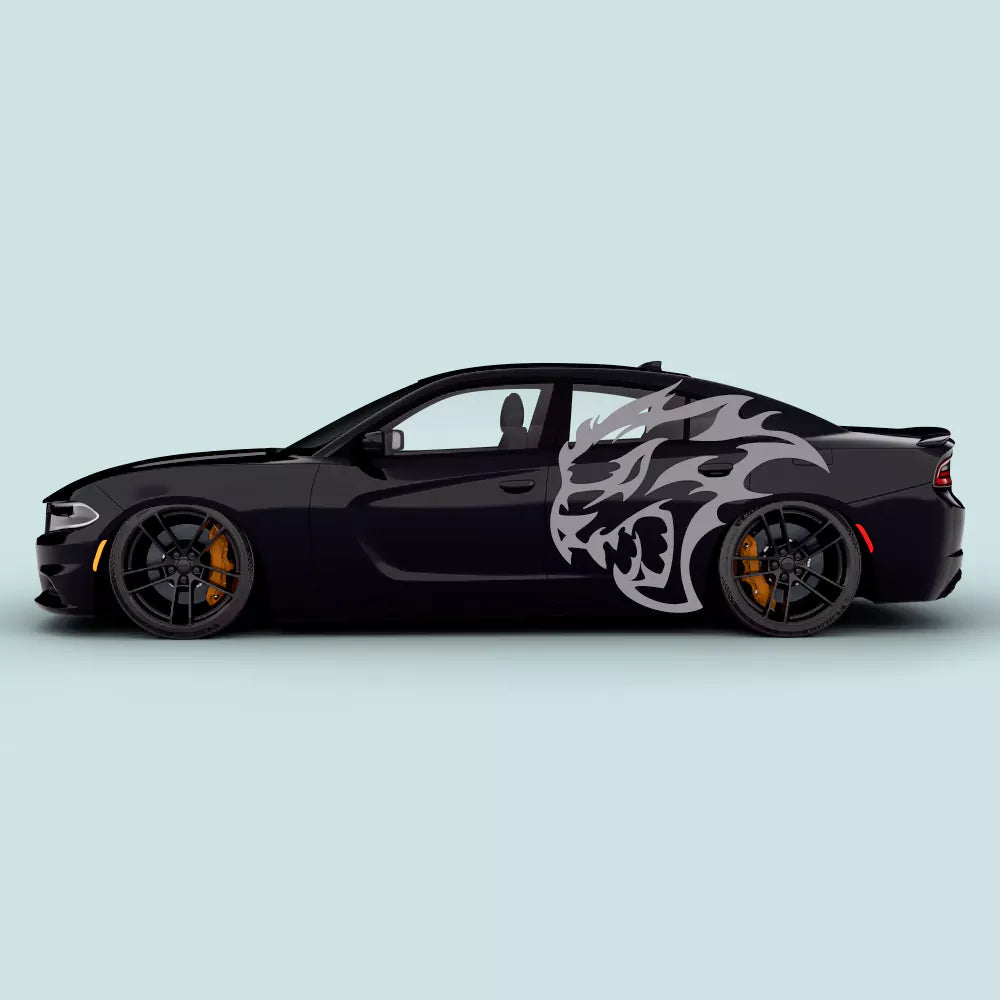 Gray Hellcat style head side door decals on Dodge Charger 2011-2023 driver and passenger doors