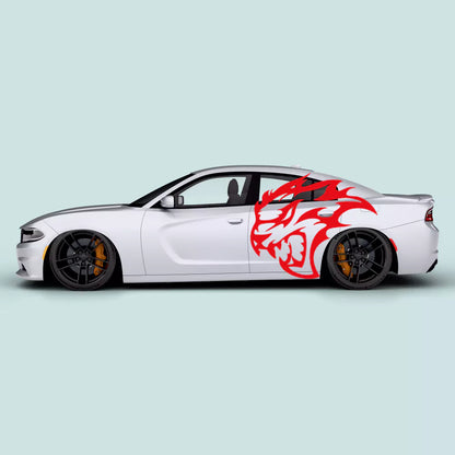 Red Hellcat style head side door decals on Dodge Charger 2011-2023 driver and passenger doors