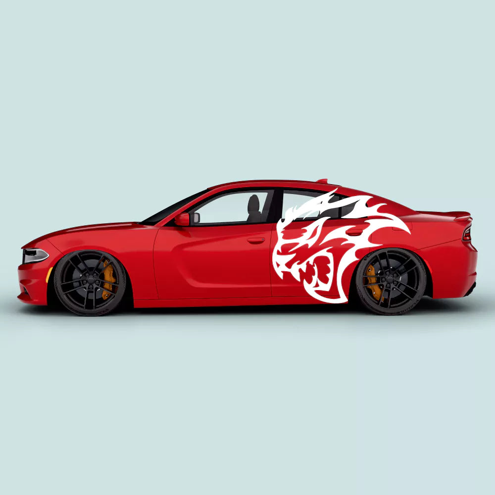 White Hellcat style head side door decals on Dodge Charger 2011-2023 driver and passenger doors