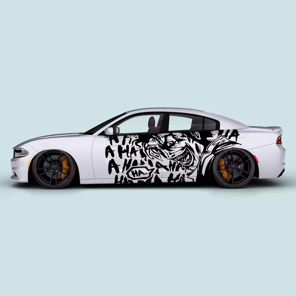 Black Joker Laugh graffiti side door decals on Dodge Charger 2011-2023 driver and passenger doors
