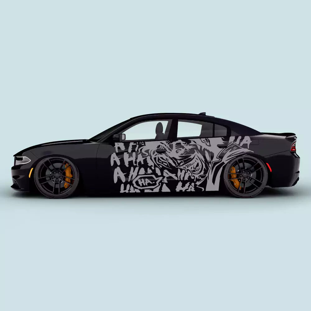 Gray Joker Laugh graffiti side door decals on Dodge Charger 2011-2023 driver and passenger doors