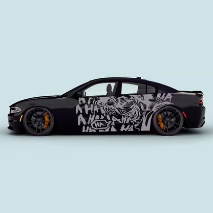 Gray Joker Laugh graffiti side door decals on Dodge Charger 2011-2023 driver and passenger doors
