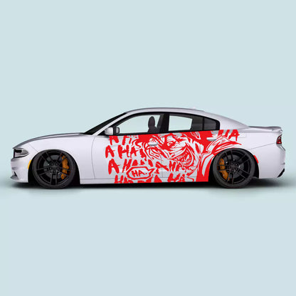 Red Joker Laugh graffiti side door decals on Dodge Charger 2011-2023 driver and passenger doors