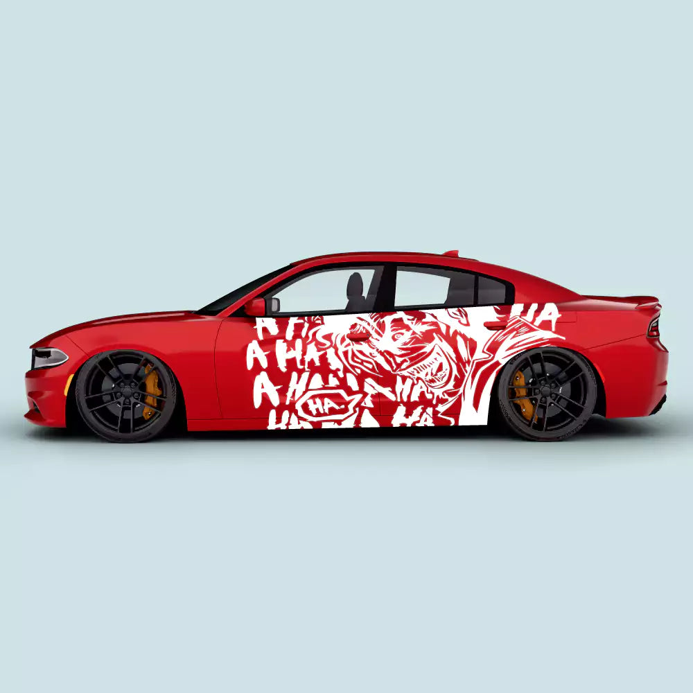 White Joker Laugh graffiti side door decals on Dodge Charger 2011-2023 driver and passenger doors