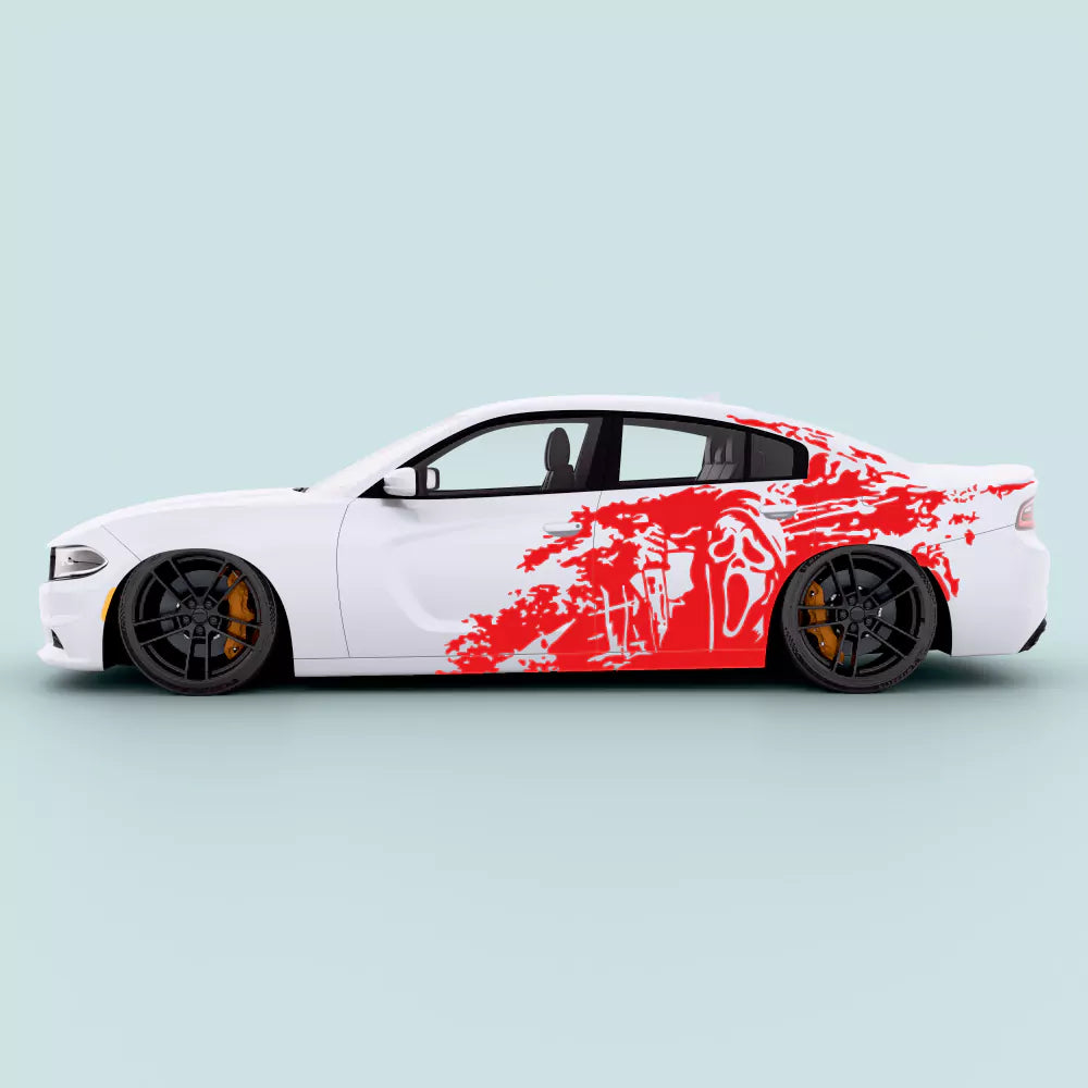Red Dodge Charger screaming mask side door decal 2011-2023 applied to side door panels