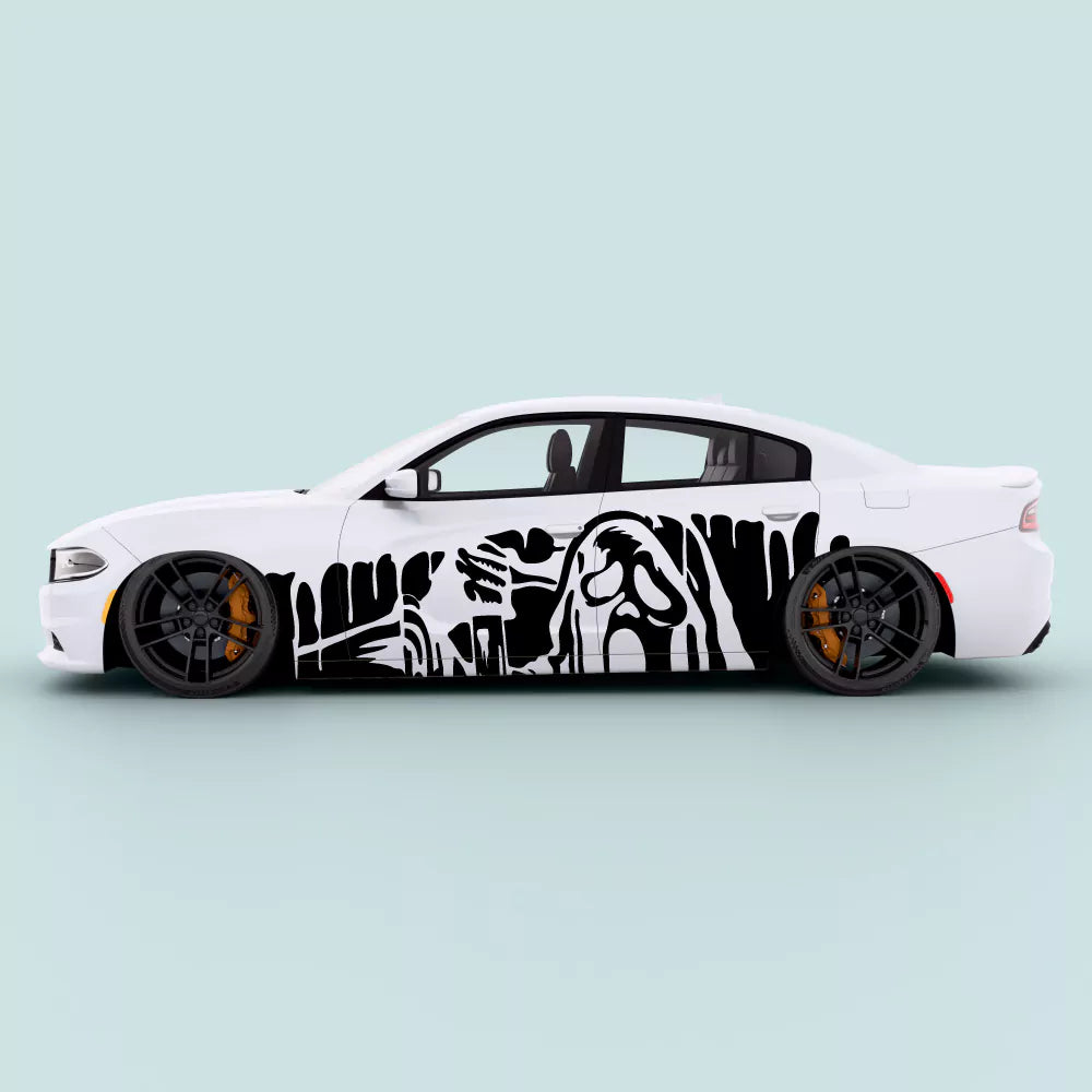 Black Dodge Charger side decal ghost drip installed on passenger doors, Ghost Drip Side Stripe Decal for 2011-2023 Regular and Widebody models.