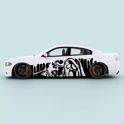 Black Dodge Charger side decal ghost drip installed on passenger doors, Ghost Drip Side Stripe Decal for 2011-2023 Regular and Widebody models.
