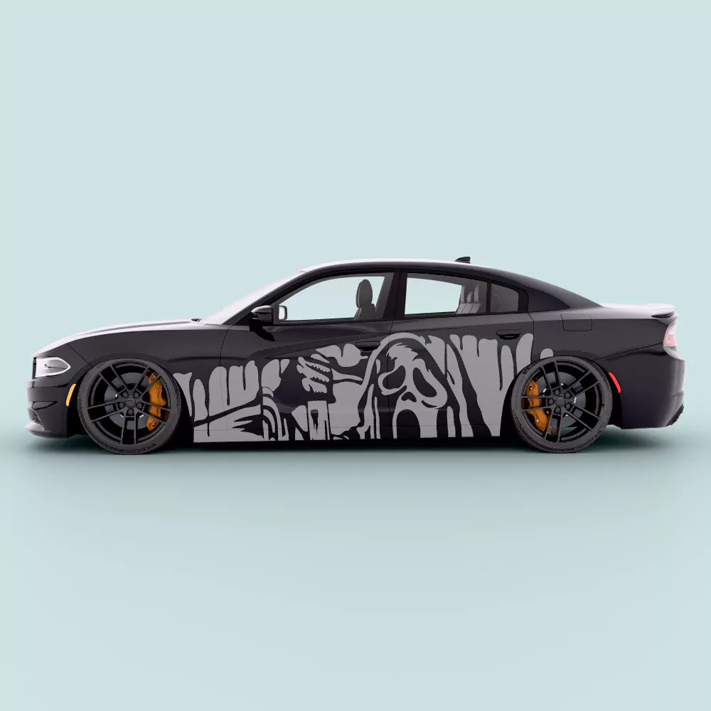 Gray Dodge Charger side decal ghost drip side stripe positioned along passenger doors, designed for 2011-2023 Regular and Widebody Chargers.