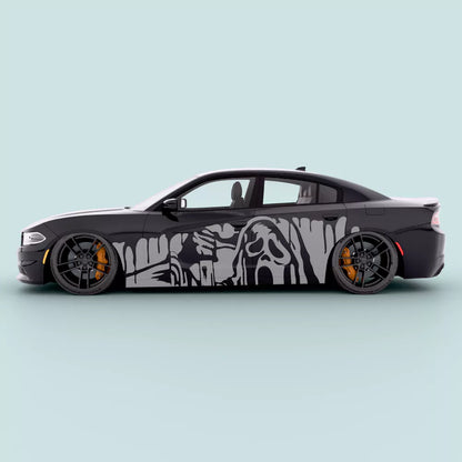 Gray Dodge Charger side decal ghost drip side stripe positioned along passenger doors, designed for 2011-2023 Regular and Widebody Chargers.
