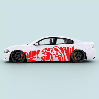 Red Dodge Charger side decal ghost drip graphic applied to vehicle side across passenger doors, fits 2011-2023 Charger Regular and Widebody trims.