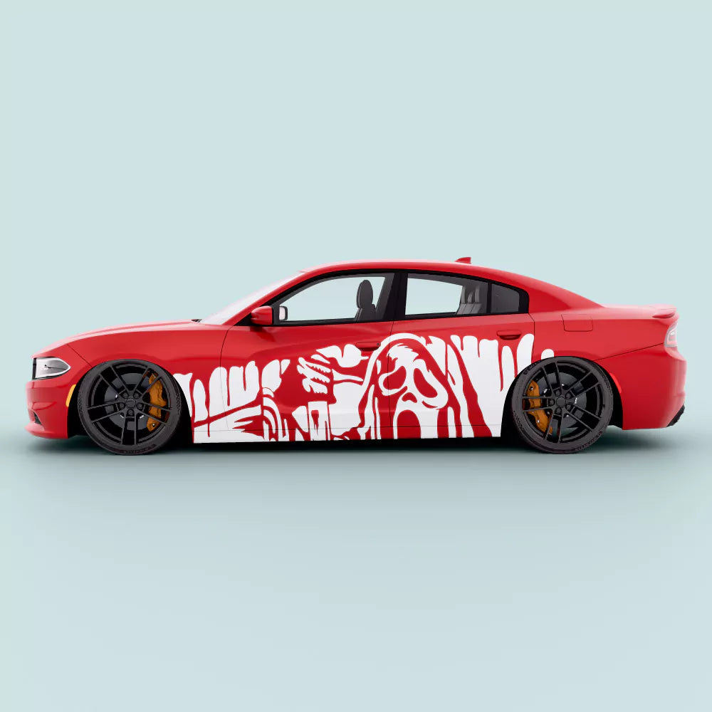 White Dodge Charger side decal ghost drip vinyl graphic installed on passenger door panels, precision fit for 2011-2023 models.