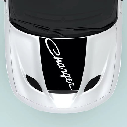 2015-2023 Dodge Charger text hood decal in black installed on hood center