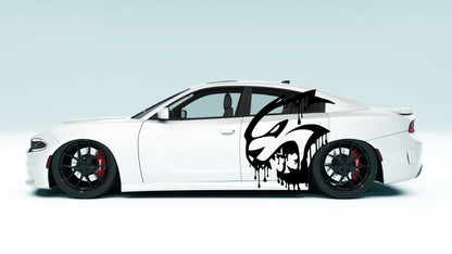 Close-up of DripCat XL vinyl side graphics on white Dodge Charger with smooth application