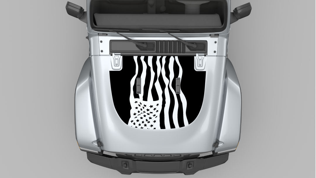 Black Dynamic American Flag Hood Decal on Gray Jeep Wrangler JL