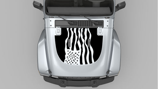 Black Dynamic American Flag Hood Decal on Gray Jeep Wrangler JL