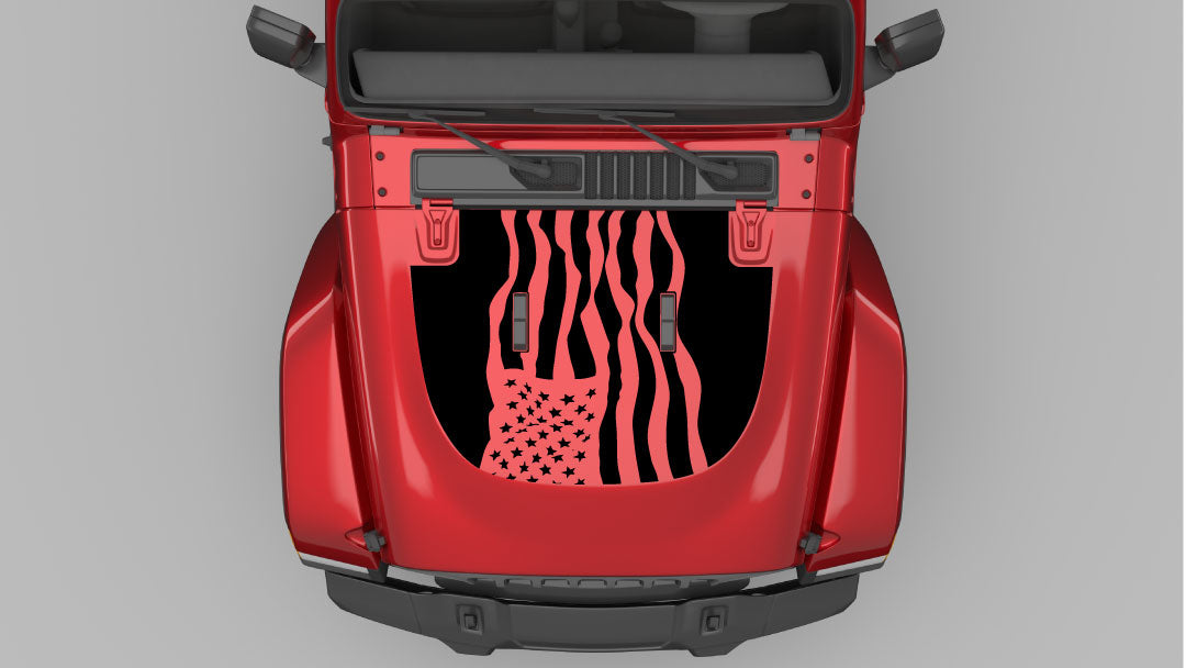 Black Dynamic American Flag Hood Decal on Red Jeep Wrangler JL