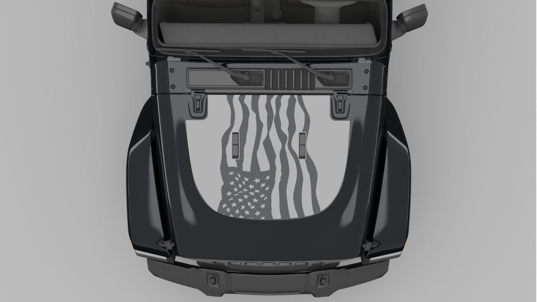 Gray Dynamic American Flag Hood Decal on Black Jeep Wrangler JL
