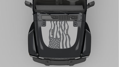 Gray Dynamic American Flag Hood Decal on Black Jeep Wrangler JL