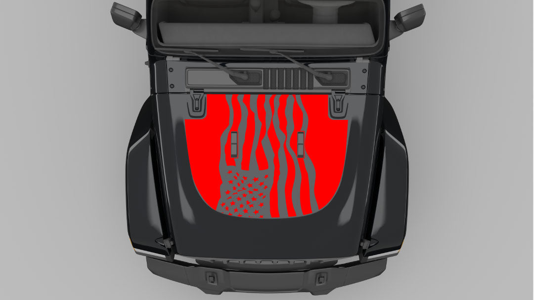 Red Dynamic American Flag Hood Decal on Black Jeep Wrangler JL